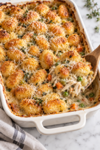 Creamy gnocchi chicken pot pie casserole with tender shredded chicken, carrots, celery, peas, Parmesan, and golden potato gnocchi in a white baking dish.