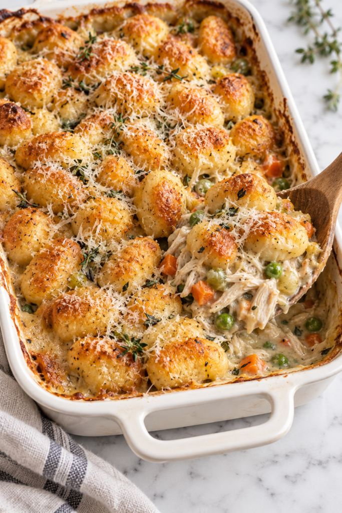 Creamy gnocchi chicken pot pie casserole with tender shredded chicken, carrots, celery, peas, Parmesan, and golden potato gnocchi in a white baking dish.