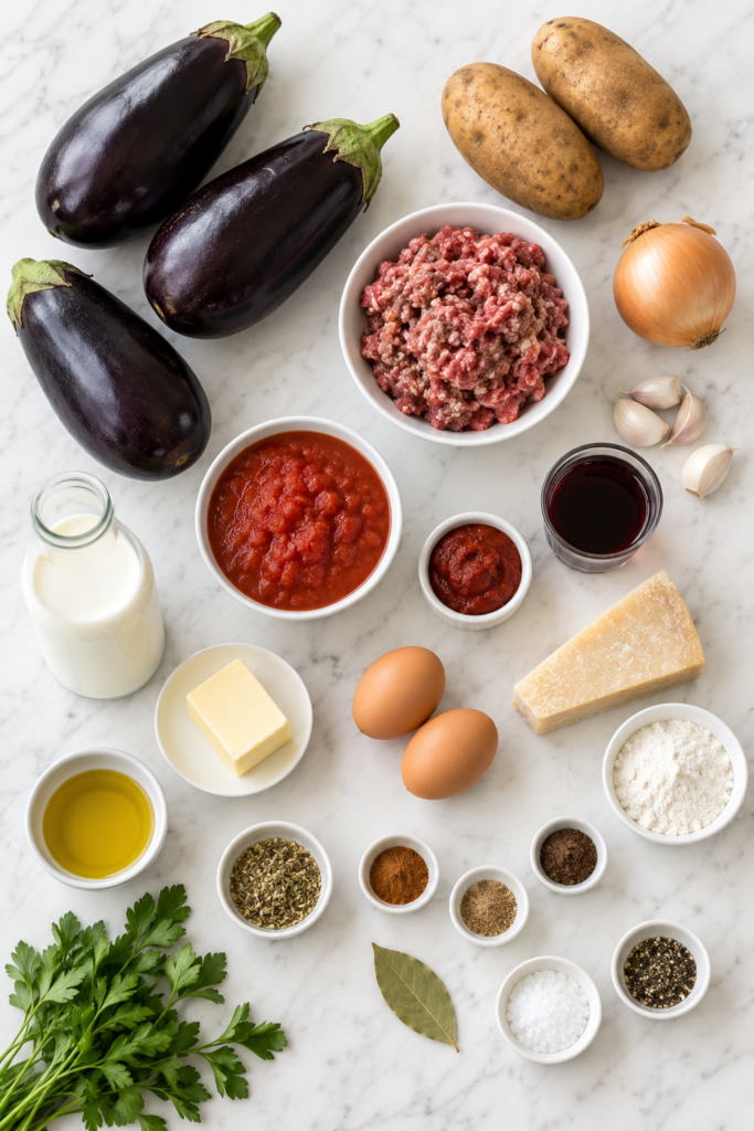 Flat lay of eggplant, potatoes, ground meat, tomatoes, milk, Parmesan, herbs, and spices for classic Greek moussaka.
