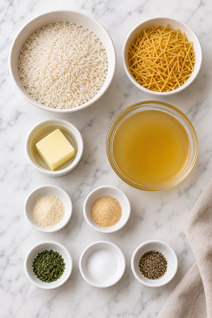 Ingredients for homemade Rice-A-Roni including rice, vermicelli, chicken broth, butter, and seasonings.