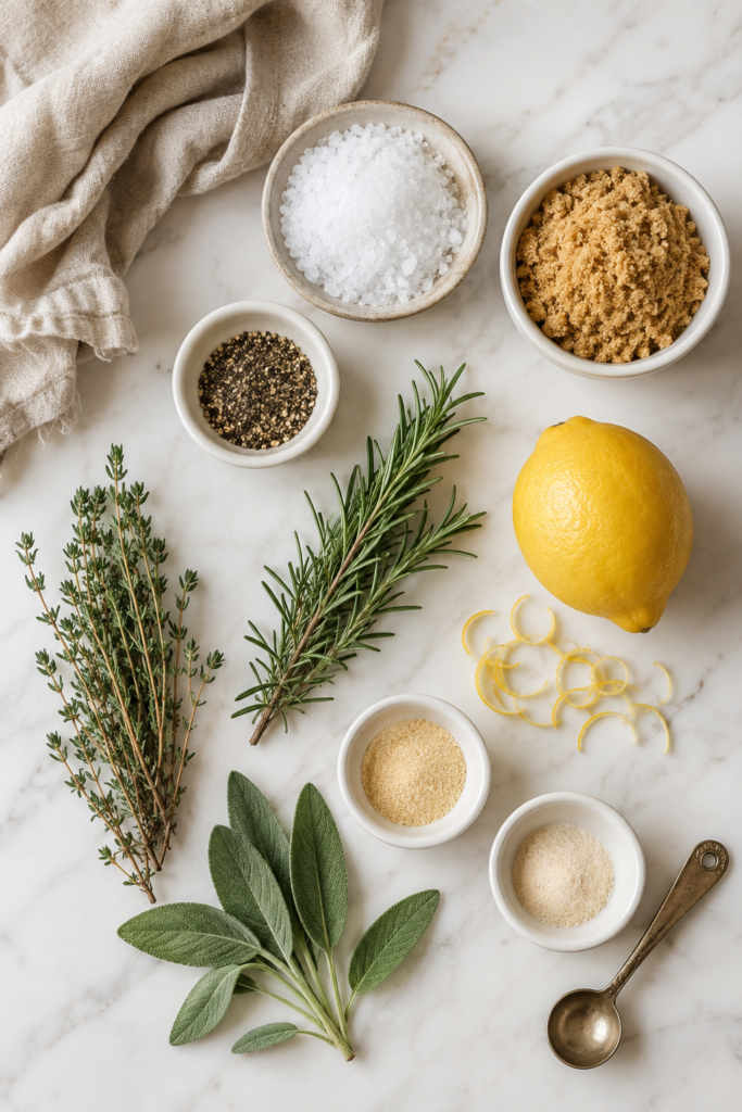 Flat lay of dry brine turkey ingredients including kosher salt, brown sugar, black pepper, fresh rosemary, thyme, sage, lemon, garlic powder, and onion powder.