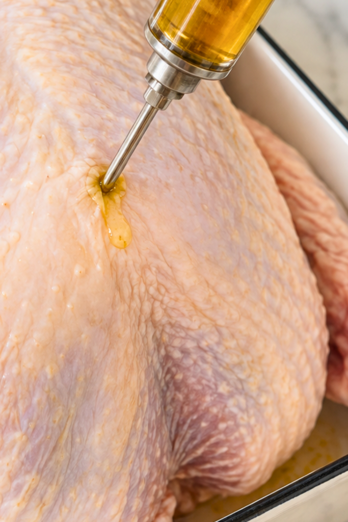 Close-up of a raw turkey in a white roasting pan being injected with cowboy butter turkey marinade using a stainless steel meat injector.
