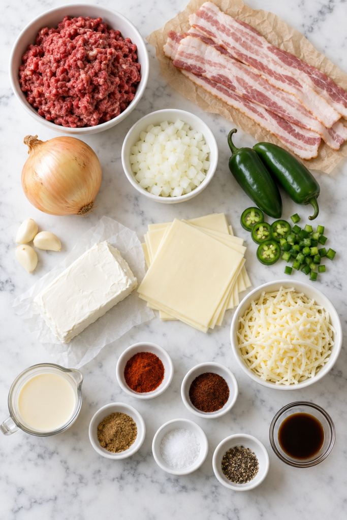 Flat lay of ingredients for jalapeño popper bacon hamburger white queso dip on white marble