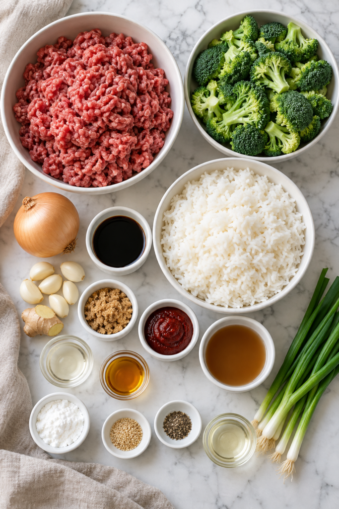 Overhead view of ground beef, broccoli, cooked rice, garlic, ginger, gochujang, and sauce ingredients arranged on white marble.