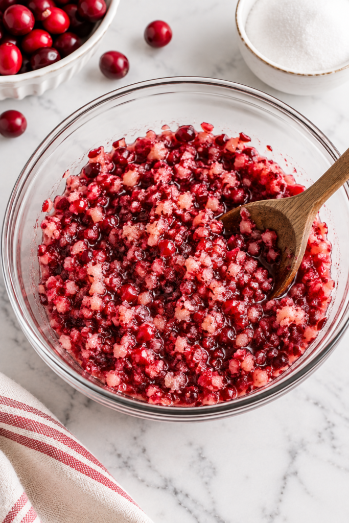 Finely chopped fresh cranberries macerated with sugar in a glass bowl for classic cranberry marshmallow salad.