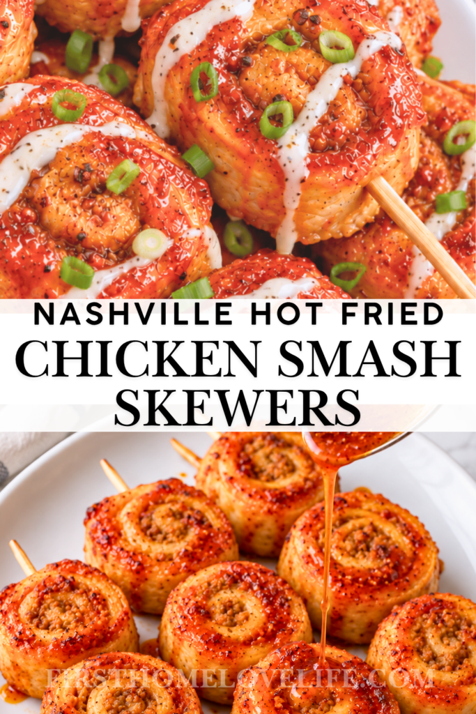 Nashville hot fried ground chicken pinwheel smash skewers with ranch drizzle, scallions, and buttery cayenne sauce.