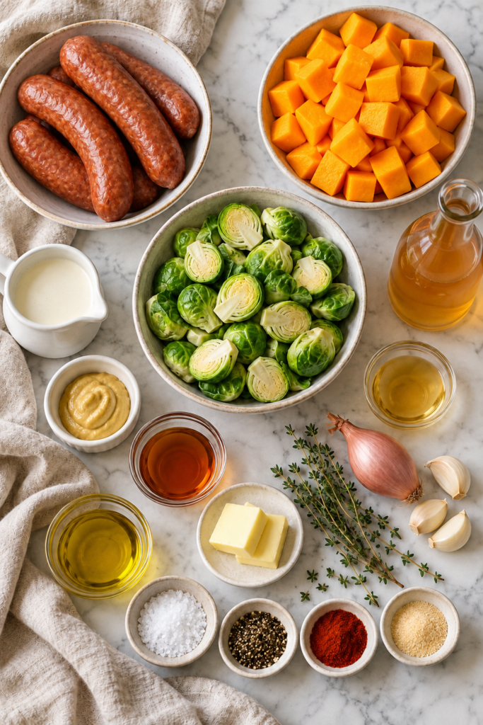 Ingredients for one pan sausage with whole smoked sausage, butternut squash, Brussels sprouts, and creamy apple cider Dijon sauce
