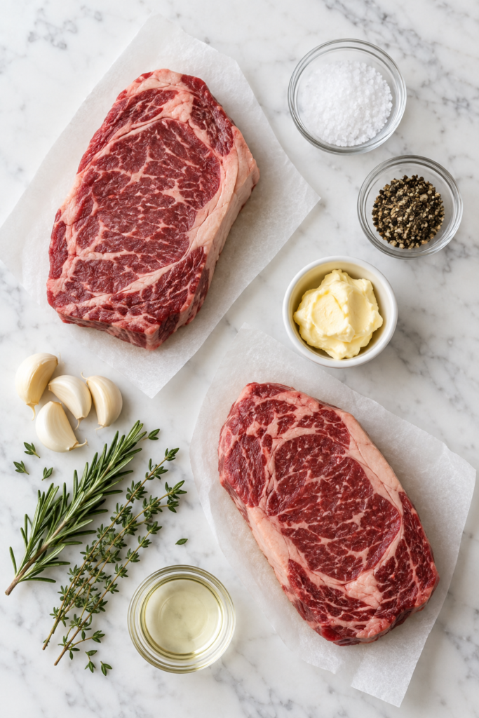 Ingredients for pan seared steak including raw ribeye steaks, butter, garlic, rosemary, thyme, salt, pepper, and oil on a white marble countertop.