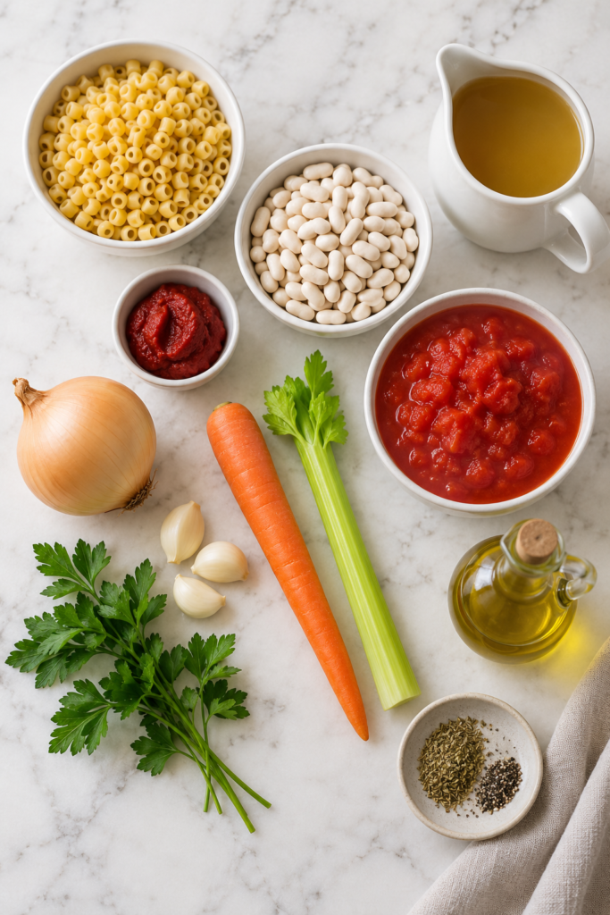 Flat lay of ingredients for traditional pasta e fagioli, including ditalini pasta, white beans, tomatoes, broth, onion, garlic, carrot, celery, parsley, and olive oil.