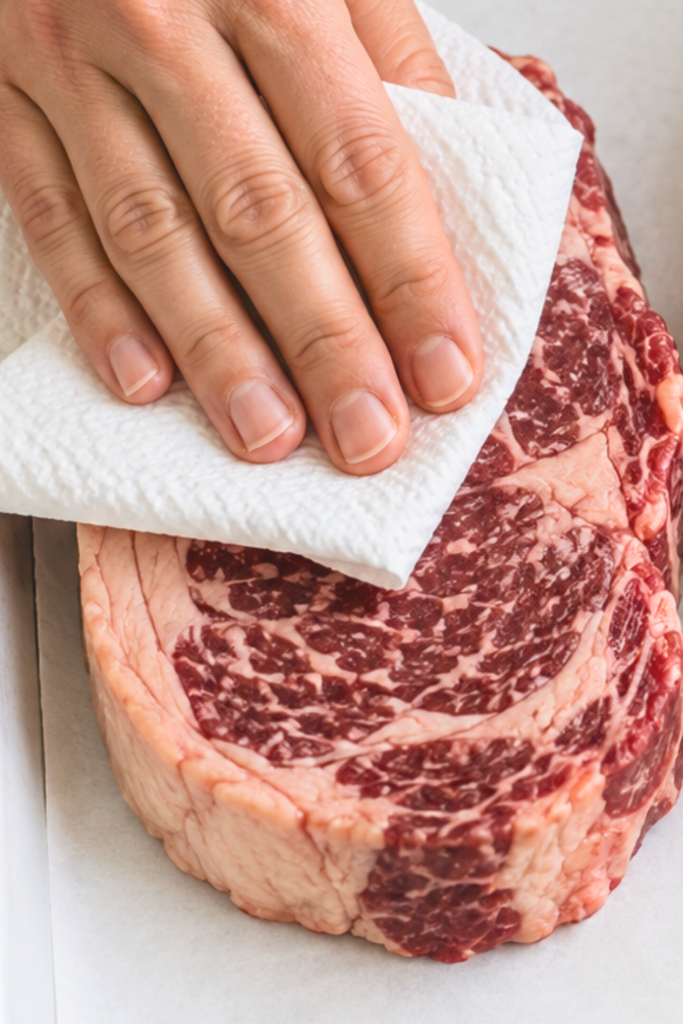 Hands patting thick raw ribeye steaks dry with paper towels before pan searing on a parchment-lined baking sheet.
