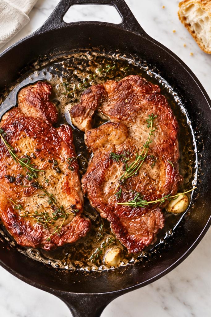 Perfect pan seared steak with garlic herb butter in a cast iron skillet on a white marble countertop.