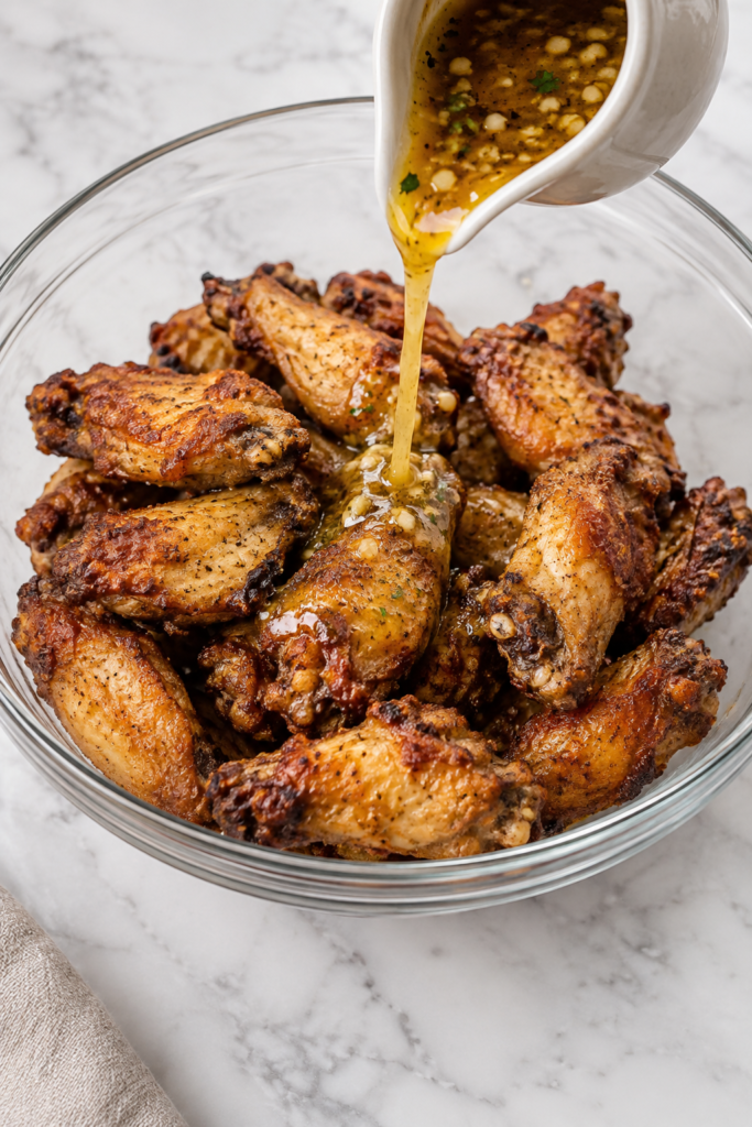 Cowboy butter sauce being poured over crispy baked chicken wings in a large glass mixing bowl before tossing