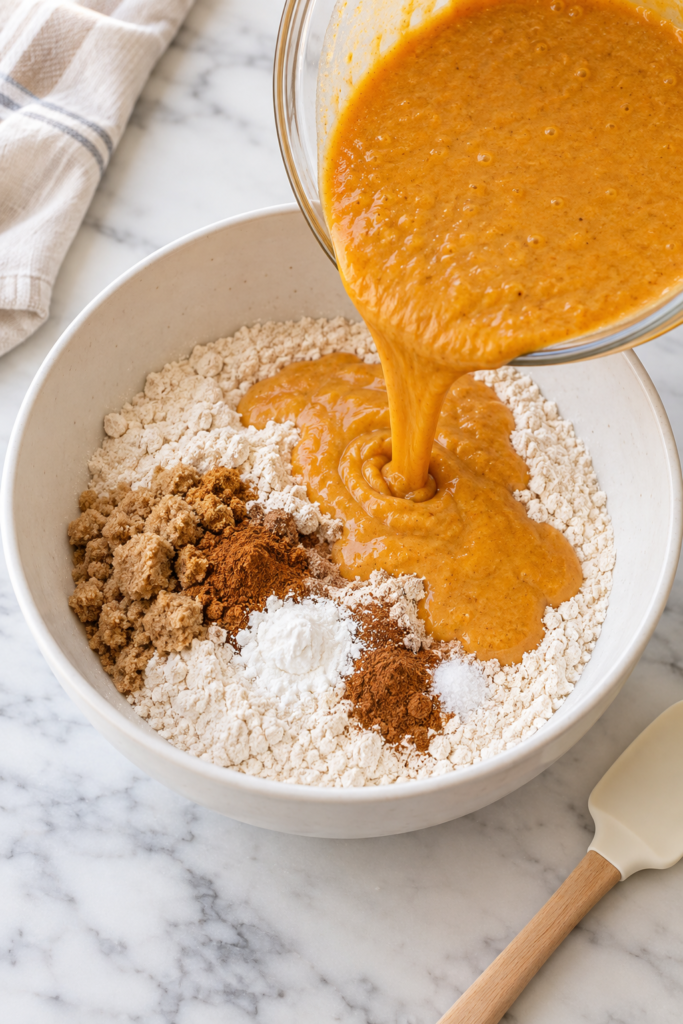 Wet pumpkin pancake ingredients being poured into flour, brown sugar, and spices in a white mixing bowl
