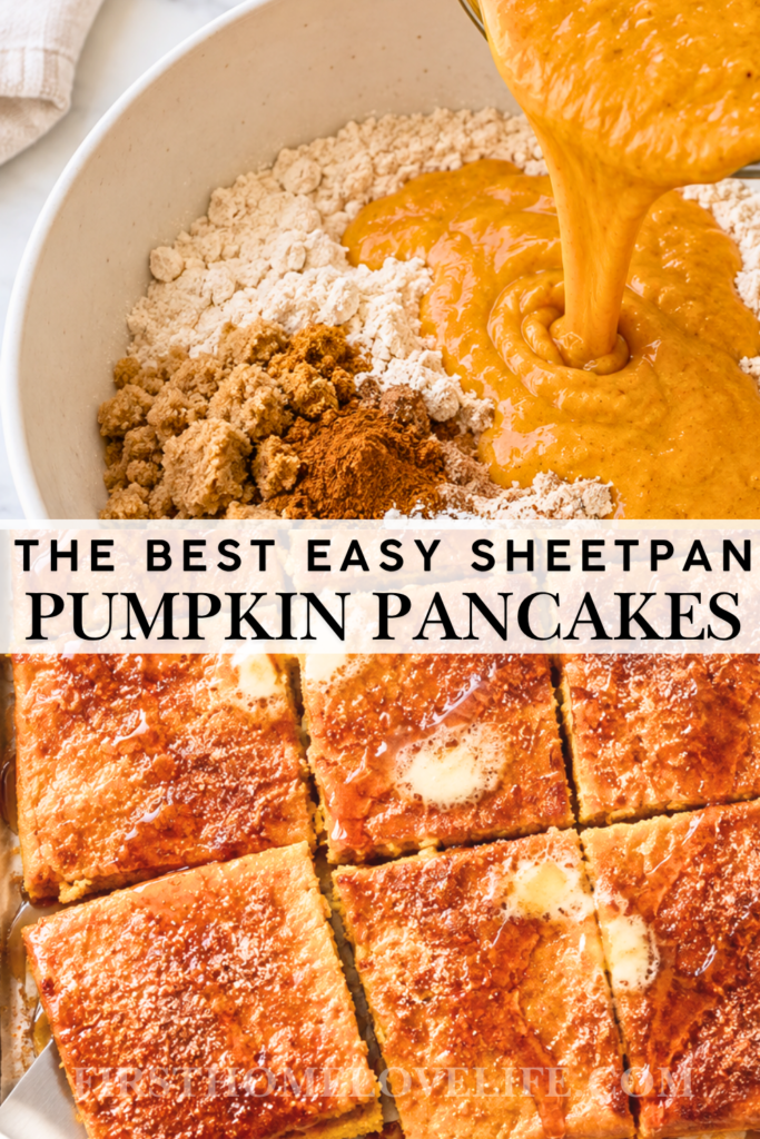 Pumpkin sheet pan pancakes with maple syrup and melted butter, with pumpkin pancake batter being poured into dry ingredients