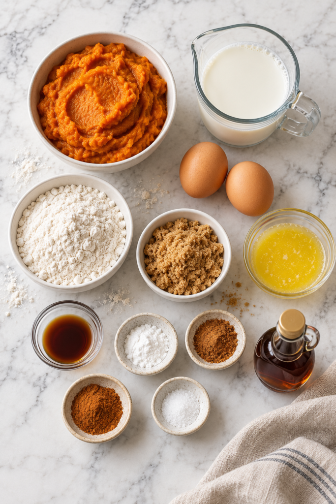 Flat lay of ingredients for pumpkin sheet pan pancakes including pumpkin puree, flour, brown sugar, milk, eggs, butter, maple syrup, and spices