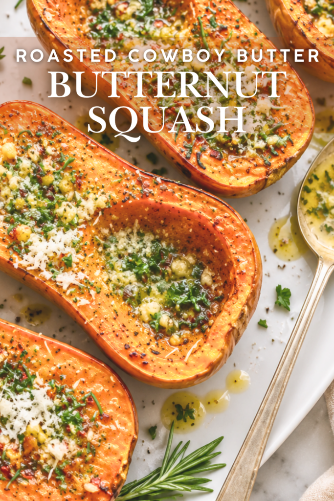 Roasted butternut squash halves drizzled with garlic herb cowboy butter.