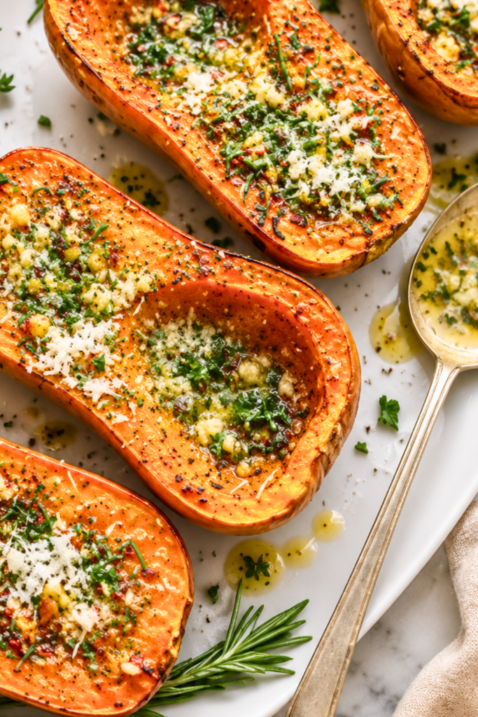 Roasted butternut squash halves drizzled with garlic cowboy butter, fresh herbs, and Parmesan on a white platter.