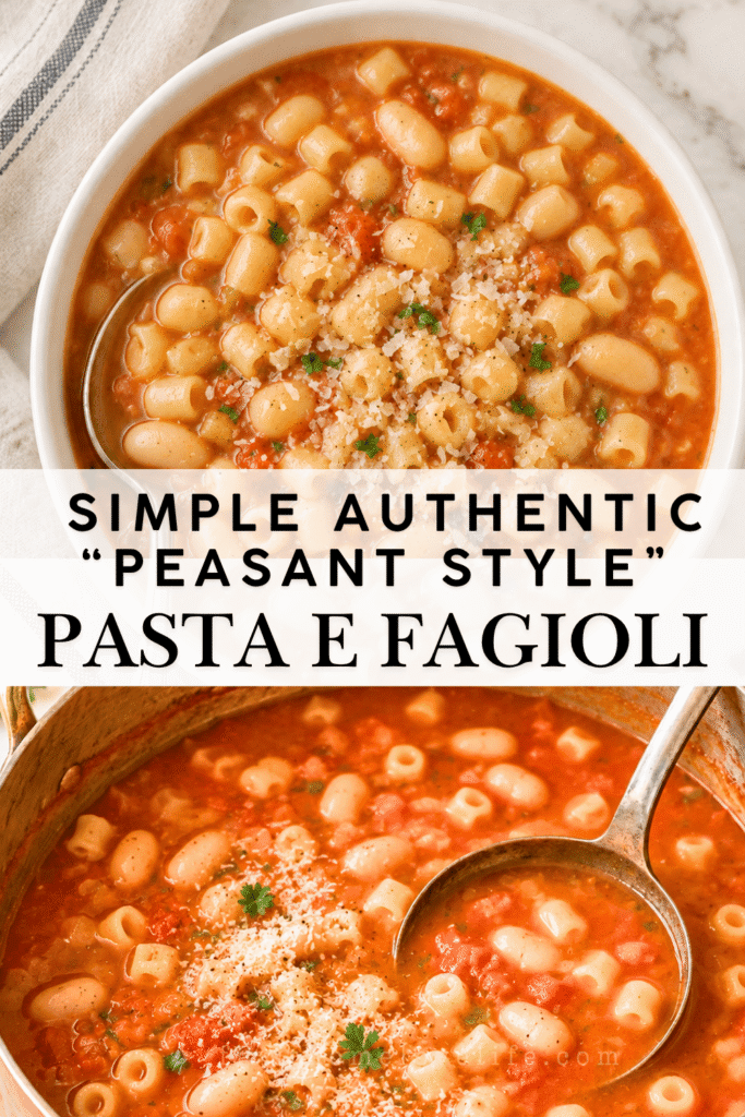 Traditional pasta e fagioli with white beans and ditalini pasta in tomato broth, shown in a white bowl and copper soup pot.
