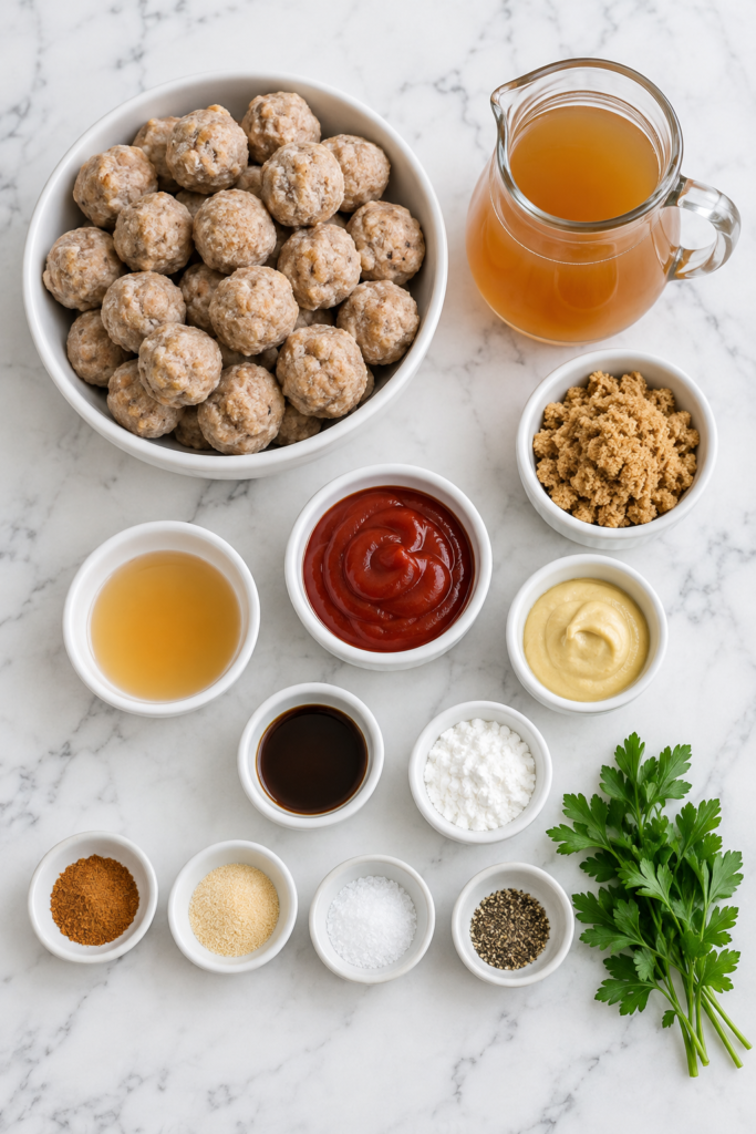 Ingredients for slow cooker apple cider glazed meatballs arranged in separate bowls on a white marble counter.
