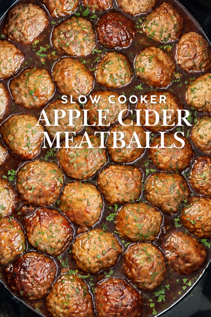 Slow cooker apple cider glazed meatballs in a black Crockpot with a sweet tangy glaze and fresh parsley.