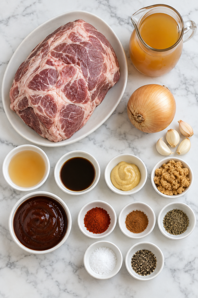 Flat lay of ingredients for slow cooker apple cider pulled pork, including pork shoulder, apple cider, onion, garlic, barbecue sauce, and seasonings.