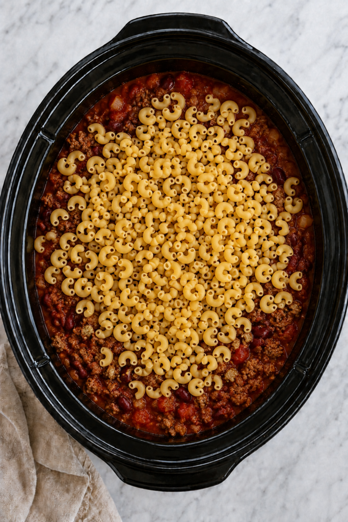 Dry elbow macaroni added on top of mixed chili with browned ground beef and beans in a black crockpot for slow cooker chili mac.