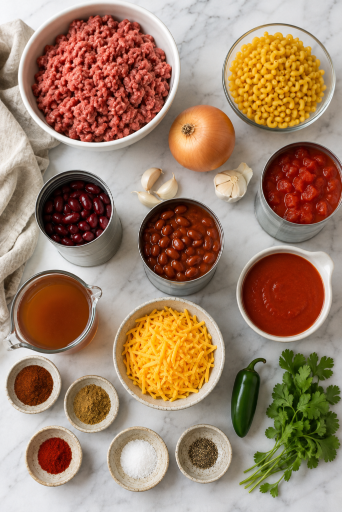 Flat lay of ingredients for slow cooker chili mac including ground beef, elbow macaroni, kidney beans, chili beans, tomatoes, tomato sauce, cheddar cheese, onion, garlic, spices, jalapeño, and cilantro.
