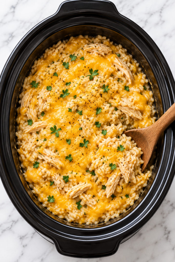 Bird’s-eye view of creamy slow cooker cowboy butter chicken and rice casserole topped with melted cheddar, shredded chicken, parsley, and black pepper in a black crockpot.