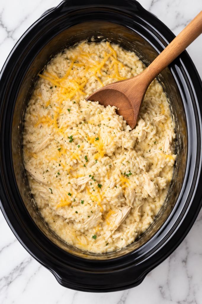 Bird’s-eye view of creamy slow cooker cowboy butter chicken and rice casserole being gently mixed with a wooden spoon in a black crockpot.