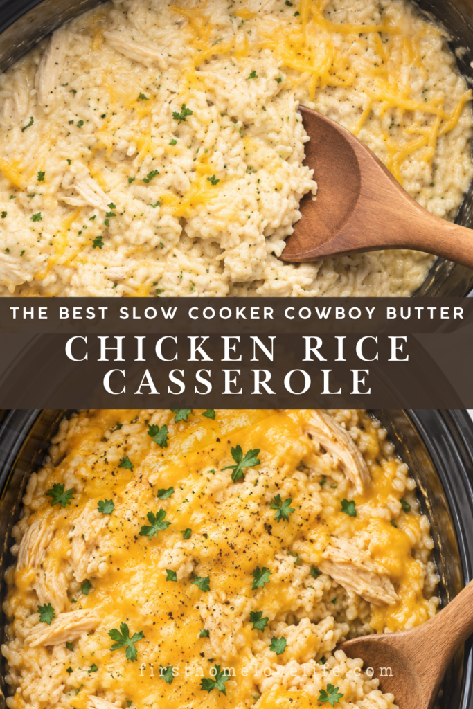 Slow cooker cowboy butter chicken and rice casserole with tender chicken, creamy rice, melted cheddar cheese, parsley, and a wooden spoon in a black crockpot.