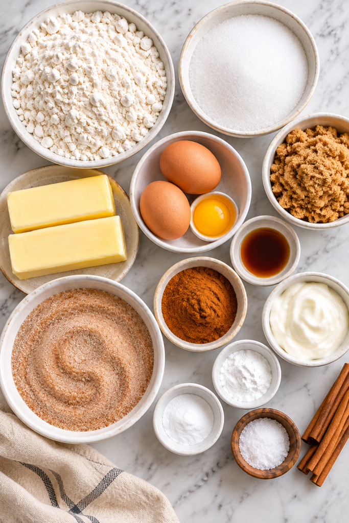 Ingredients for soft and cakey cinnamon churro cookies arranged on a marble countertop.