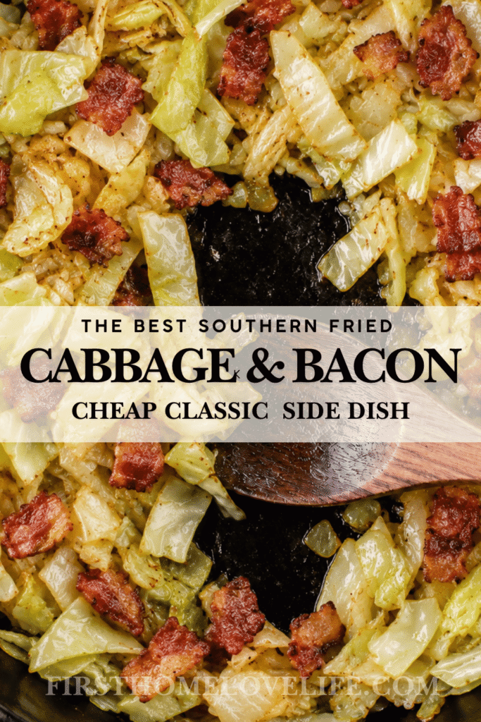 Southern fried cabbage and bacon in a cast iron skillet with caramelized cabbage, crispy bacon pieces, and a wooden spoon.