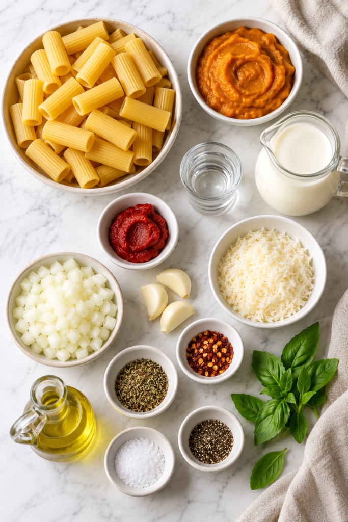 Flat lay of ingredients for spicy pumpkin vodka sauce with rigatoni, including pasta, pumpkin purée, cream, tomato paste, Parmesan, garlic, onion, basil, and red pepper flakes.
