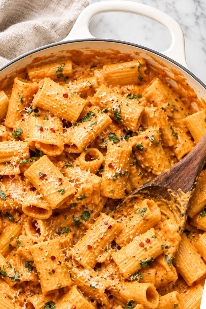 Creamy spicy pumpkin vodka sauce with rigatoni, Parmesan, fresh herbs, and red pepper flakes in a white enamel pan.
