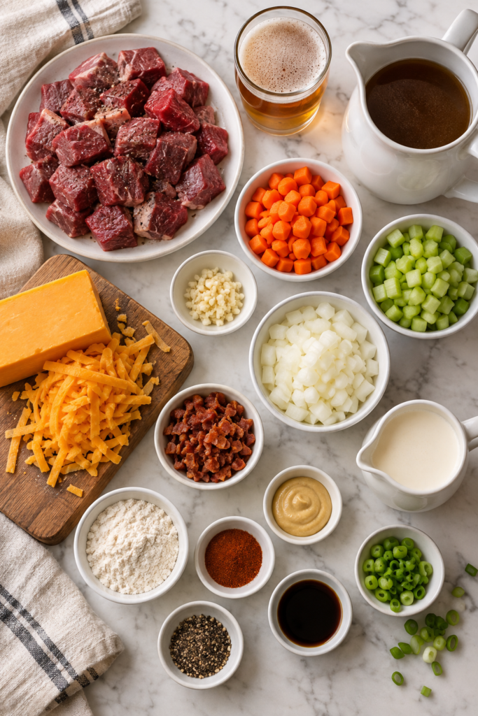 Flat lay of ingredients for steak and beer cheese soup, including raw steak, sharp cheddar cheese, beer, beef broth, bacon, vegetables, cream, and seasonings.