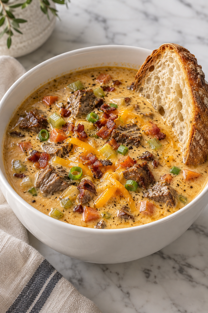 Creamy steak and beer cheese soup with tender steak bites, cheddar cheese, bacon, vegetables, and crusty bread served in a white bowl.