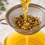 : Warm cowboy butter turkey injection marinade being strained through a fine-mesh strainer into a clear glass bowl on a white marble countertop.