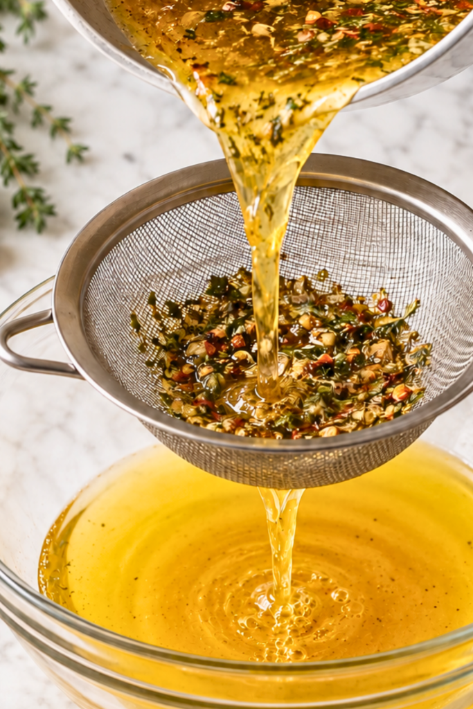 : Warm cowboy butter turkey injection marinade being strained through a fine-mesh strainer into a clear glass bowl on a white marble countertop.