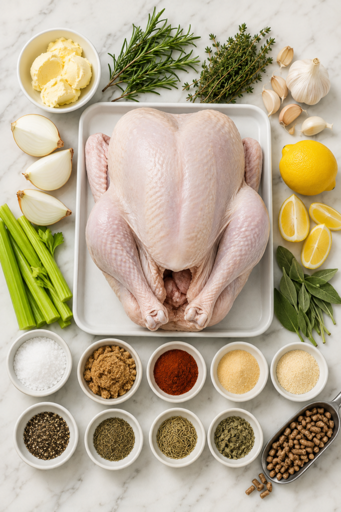 Ingredients for Thanksgiving smoked turkey arranged on a marble countertop