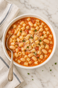 Traditional Italian pasta e fagioli with ditalini pasta and white beans in a tomato broth, served in a white bowl with a silver spo