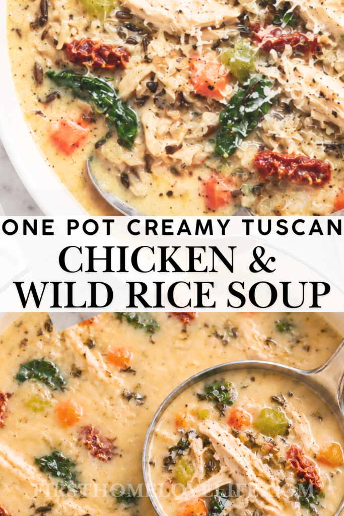 Creamy Tuscan chicken wild rice soup in a white enamel soup pot with a silver ladle holding shredded chicken, wild rice, spinach, and vegetables.