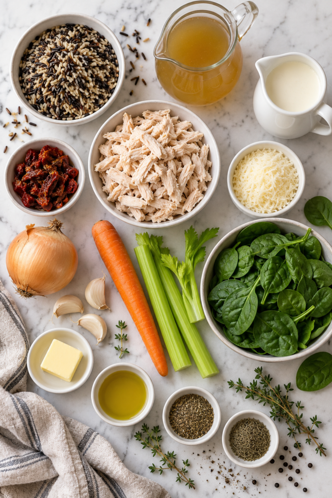 : Flat lay of ingredients for creamy Tuscan chicken wild rice soup with shredded chicken, wild rice, spinach, sun-dried tomatoes, Parmesan, vegetables, broth, and cream.