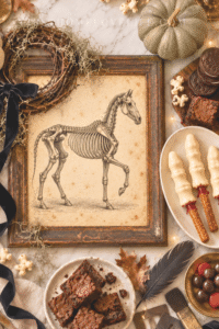 Halloween flat lay with a framed skeleton horse, pumpkins, black candles, spooky treats, moss, ribbon and vintage decor