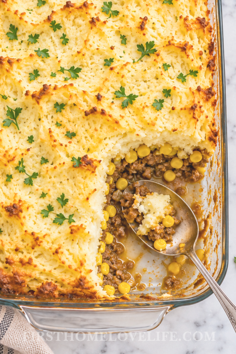 Bird’s-eye view of vintage Chinese pie casserole with a scoop missing, showing layers of mashed potatoes, sweet corn, and ground beef with a serving spoon in the dish.