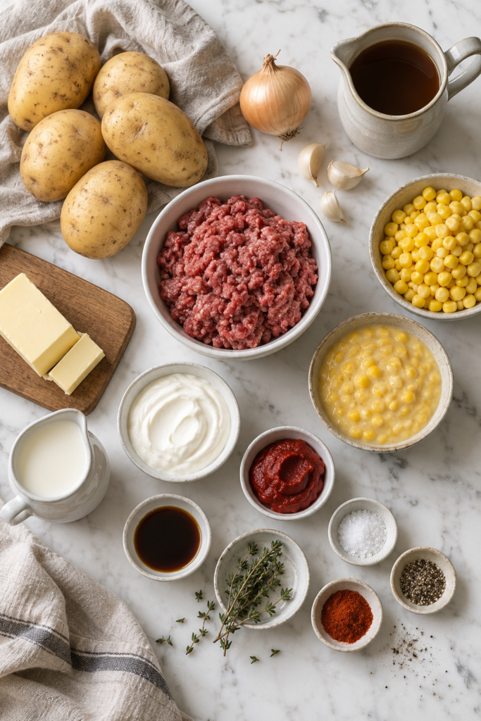Overhead flat lay of ground beef, Yukon Gold potatoes, sweet corn, creamed corn, butter, milk, and seasonings for vintage Chinese pie recipe on white marble.