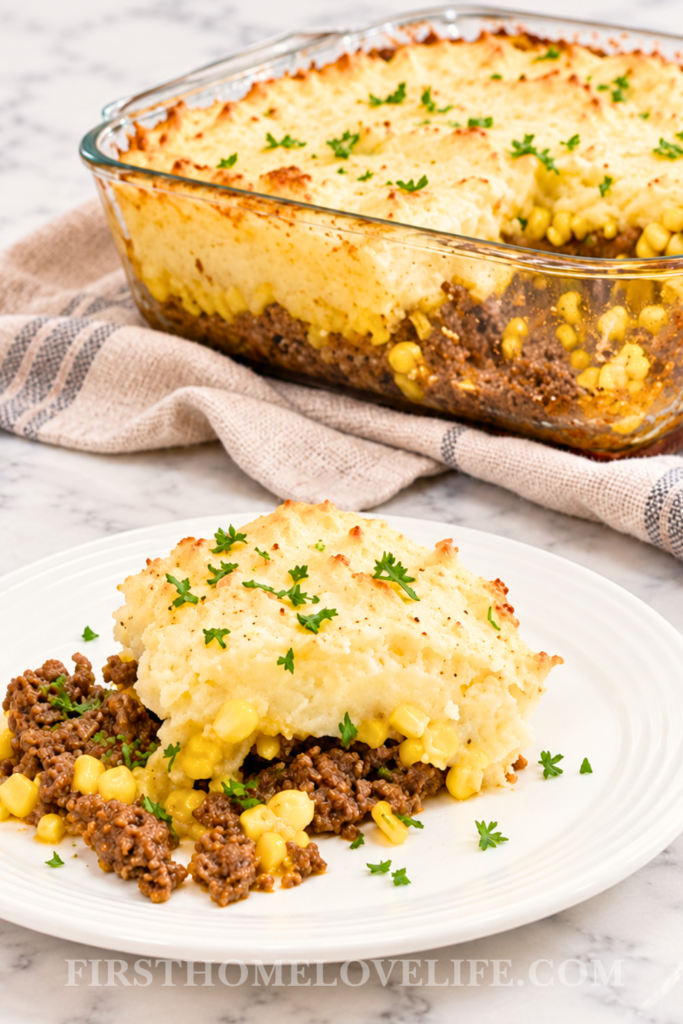 Vintage Chinese pie casserole with layers of ground beef, sweet corn, and mashed potatoes served on a white plate beside a glass baking dish.