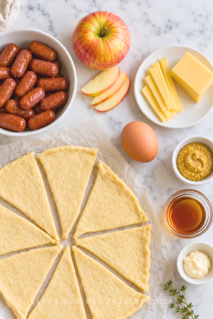 Flat lay of crescent dough, cocktail sausages, apple, Gouda, egg, Dijon mustard, maple syrup, mayonnaise, and thyme on marble.