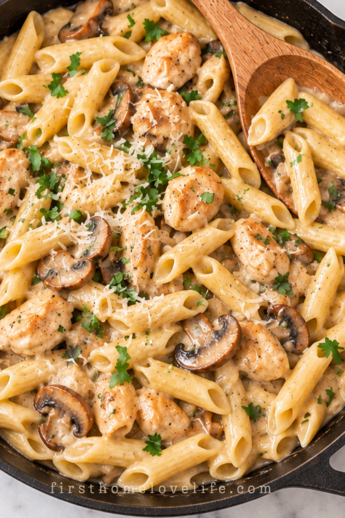 Overhead view of copycat Pasta Da Vinci with chicken, penne, and mushrooms in creamy Madeira sauce in a cast iron skillet with a wooden spoon.