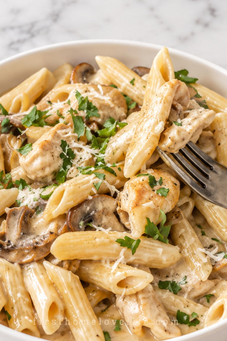 Copycat Cheesecake Factory Pasta Da Vinci with penne, chicken, mushrooms, and creamy Madeira sauce in a white bowl with a silver fork.