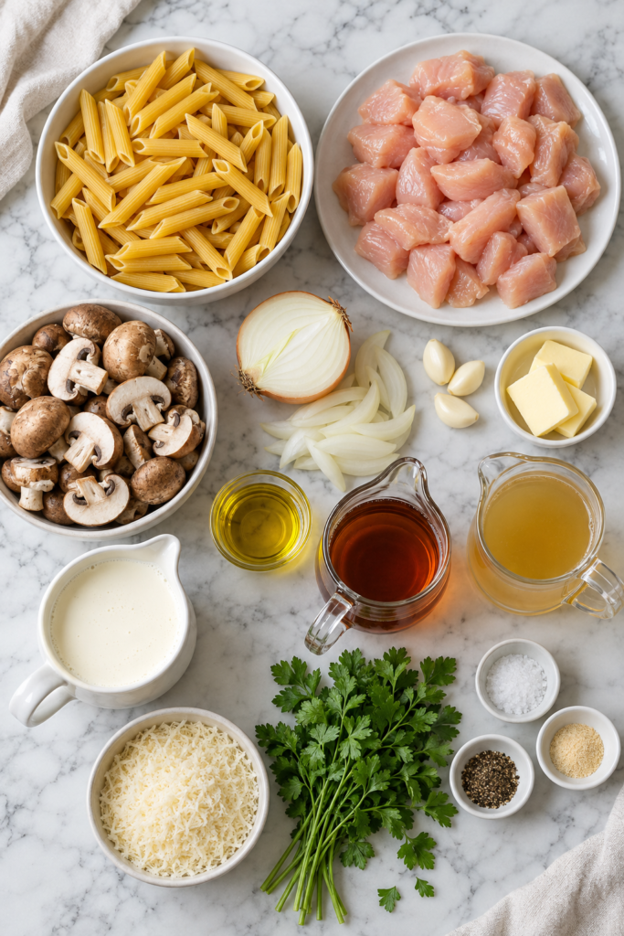 Pasta Da Vinci ingredients arranged on marble, including penne, raw chicken, mushrooms, onion, Madeira wine, cream, Parmesan, and garlic.